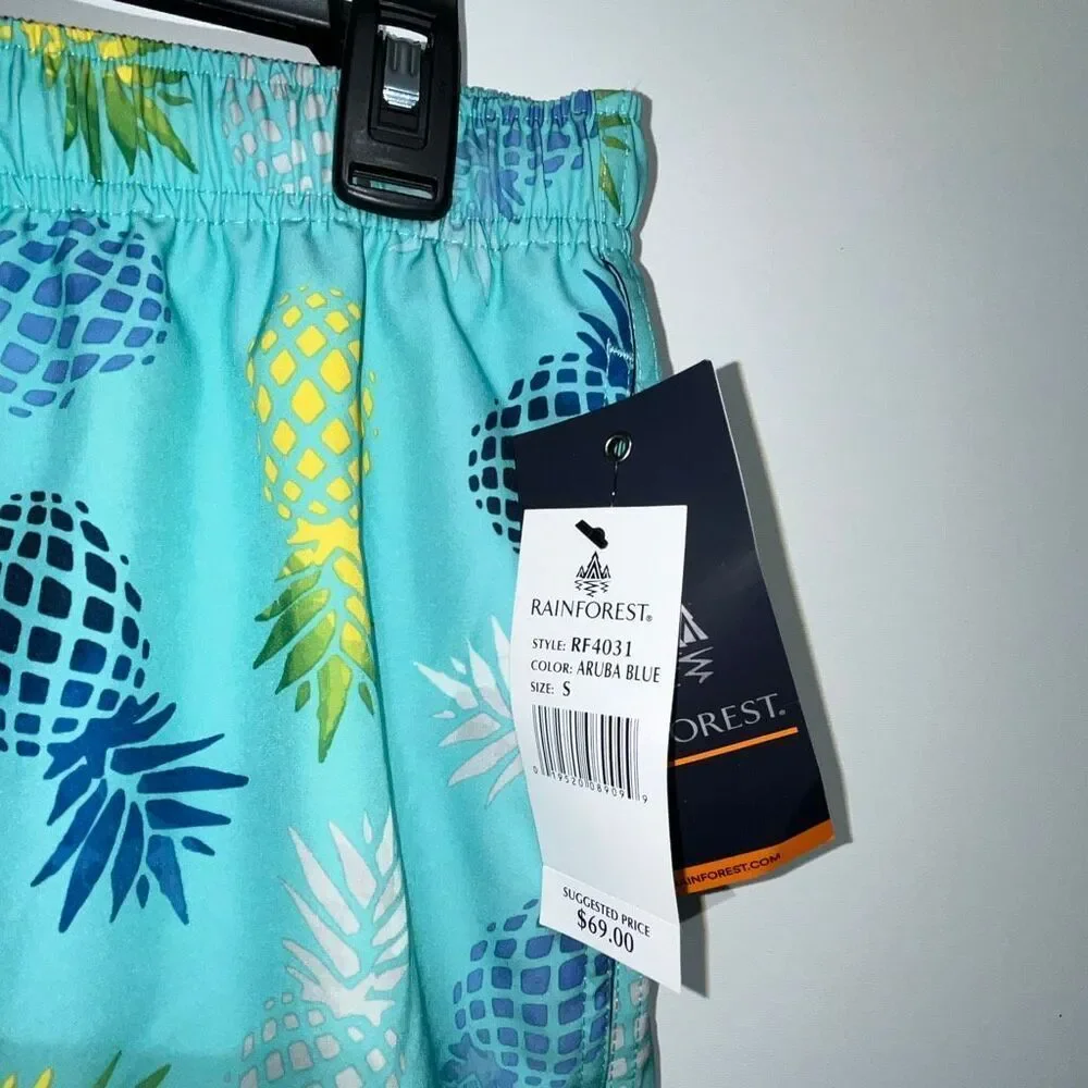 Rainforest Men's Aruba Blue‎ Pineapple Print Swim Trunks Water Shorts Small NWT